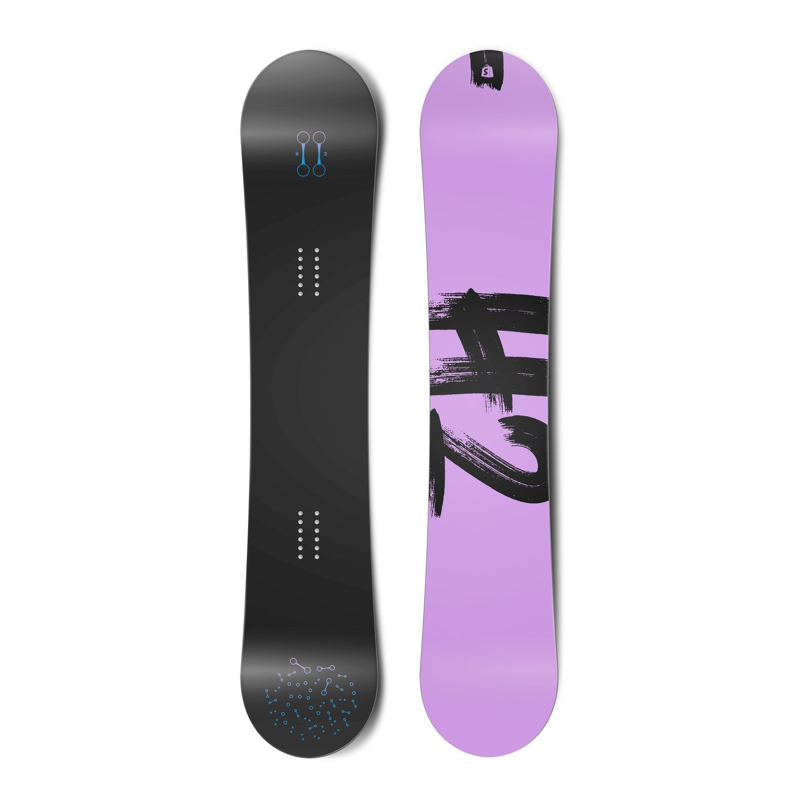 Top and bottom view of a snowboard. The top view shows stylized hydrogen bonds and the bottom view shows "H2" in a brush script typeface.