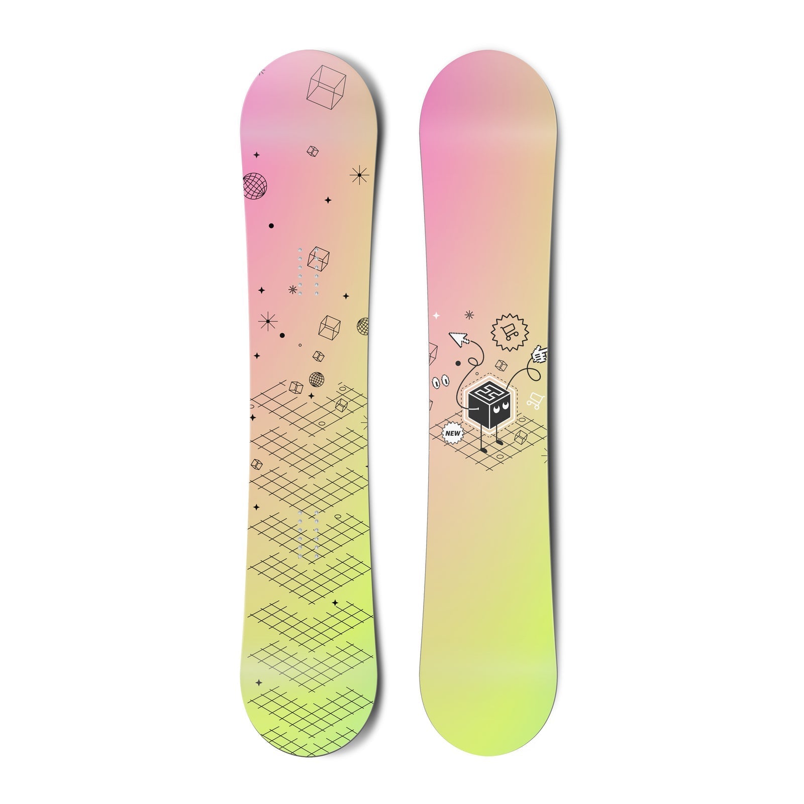 Top and bottom view of a snowboard. The top view shows an illustration with varied outlined shapes
        in black. The bottom view shows a black box character with an H pointing, and surrounded by black outlined
        illustrative elements.