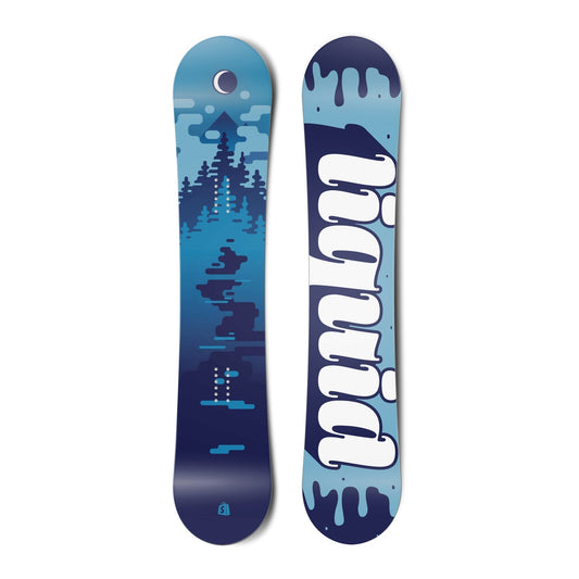 Top and bottom view of a snowboard. The top view shows a stylized scene of water, trees, mountains, sky and a moon in blue colours. The bottom view has a blue liquid, drippy background with the text "liquid" in a stylized script typeface.